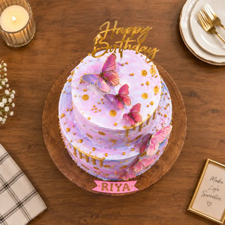 Pink Butterfly 2-Tier Birthday Cake