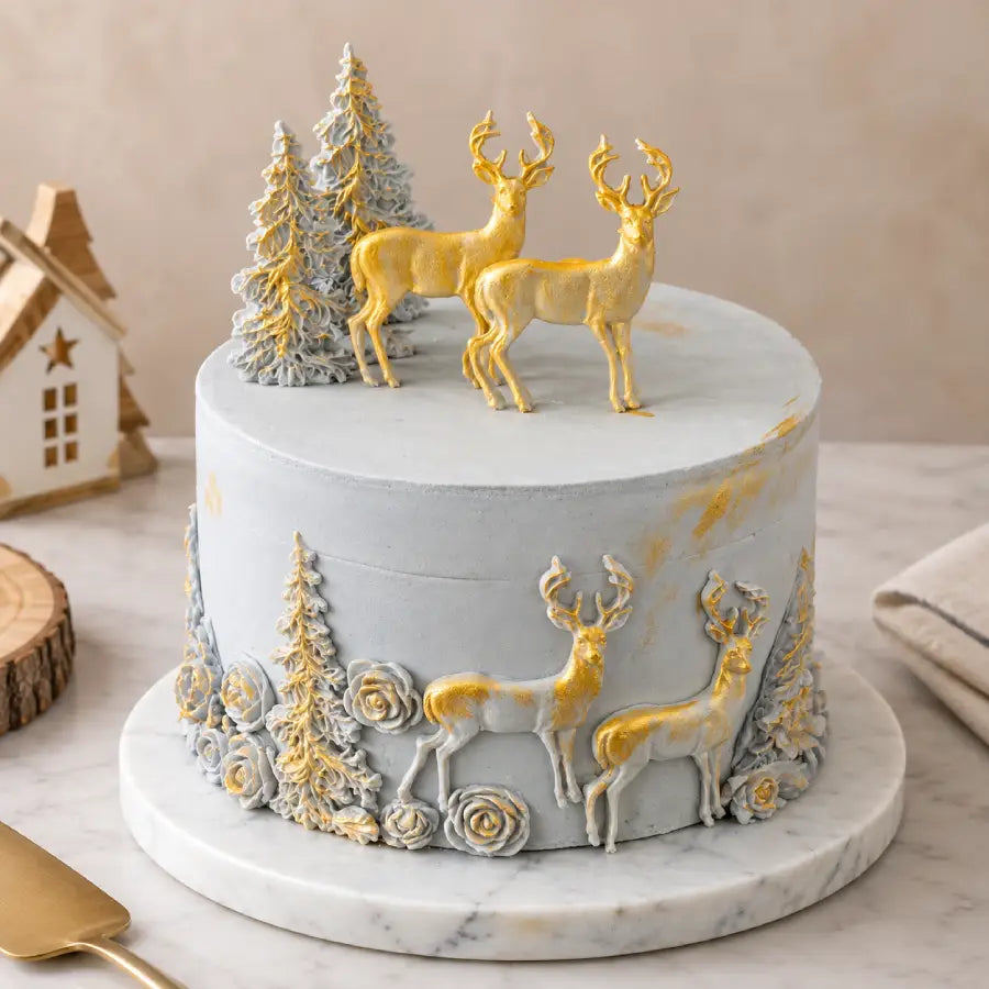 Golden Reindeer Winter Theme Cake