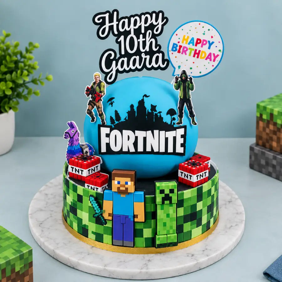 Fortnite & Minecraft Theme Cake