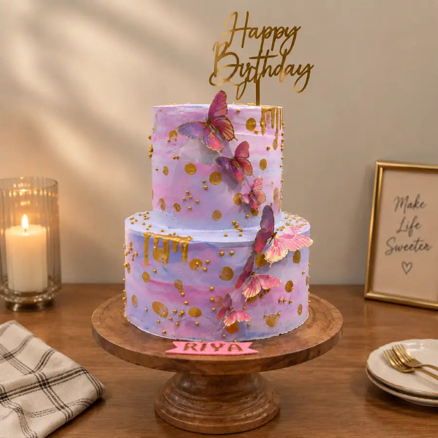 Pink Butterfly 2-Tier Birthday Cake