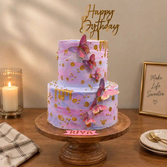 Pink Butterfly 2-Tier Birthday Cake