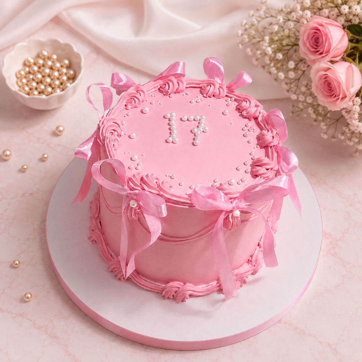 BLUSH PEARL RIBBION CAKE